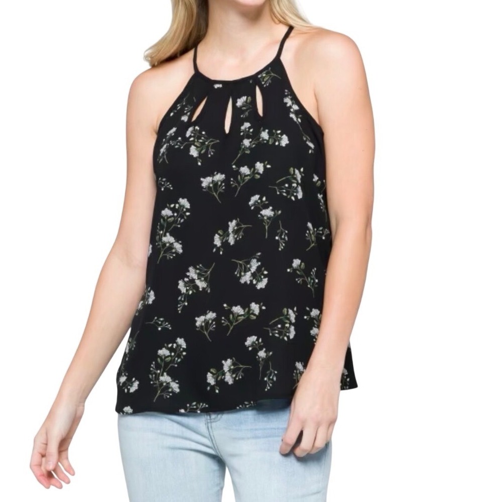 Papermoon Black Floral Halter Neck Top Keyhole Cutout Sleeveless Blouse Medium